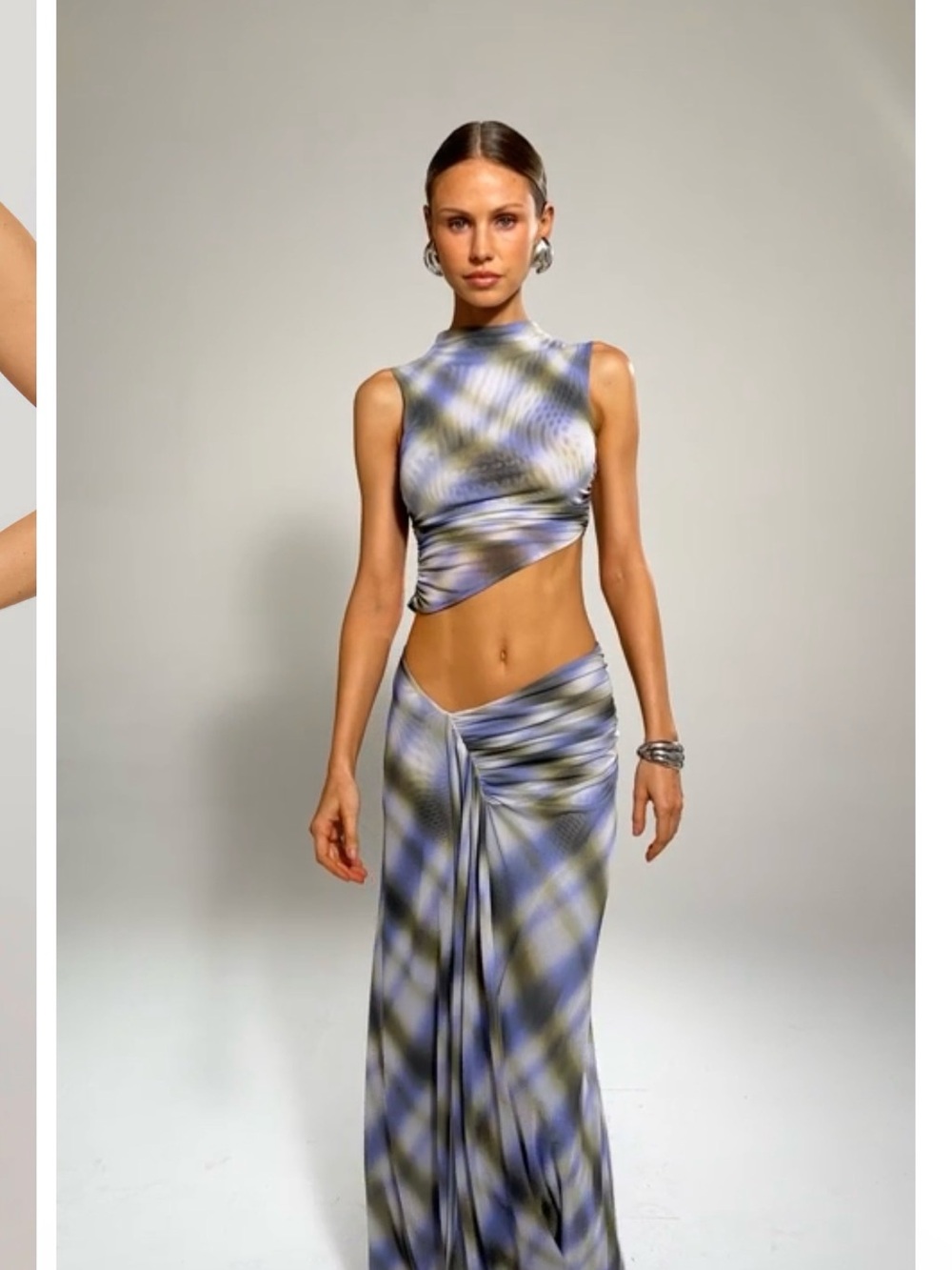 RESA - Flannel Blue and Olive Print Draped Maxi Skirt - Women
